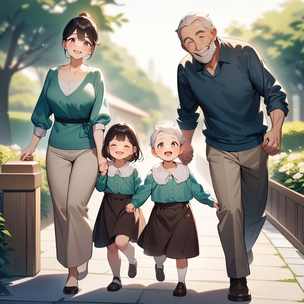 A cute cartoon family with a 4-year-old girl, and dad, and mom, and two grandmas, and grandpa. They could be standing together, smiling and holding hands.